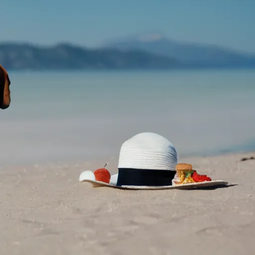 Image similar to Dog with white hat on his head, on the beach having a picknick