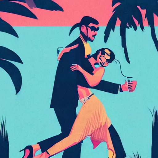 Image similar to a colorfully detailed comic noir illustration of tango dancers in a desert beach oasis by Sachin Teng, dark vibes, high contrast, pastel lighting, cinematic, depth of field, 8k