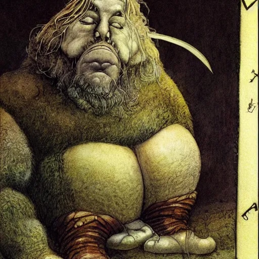 Prompt: slouched ogre, illustration by Brian Froud and John Bauer