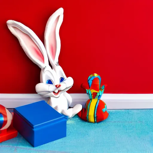 Image similar to photo of a bugs bunny toy sitting infront of a red wall with blue stripes.