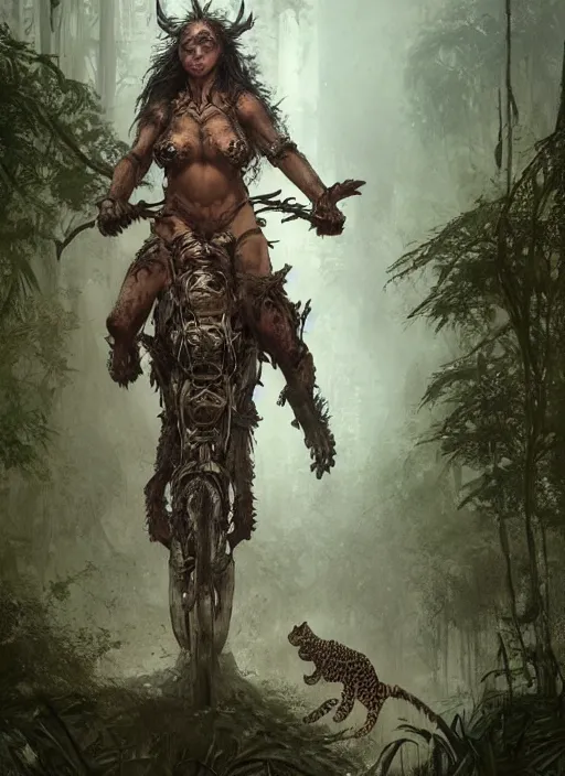 Image similar to a portrait of a very beautiful cute tribal woman riding a mutated jaguar in a post apocalyptic city overgrown with lush vegetation, by Luis Royo, by Greg Rutkowski, dark, gritty, intricate, backlit, strong rimlight, cover illustration, concept art, volumetric lighting, volumetric atmosphere, sharp focus, octane render, trending on artstation, 8k