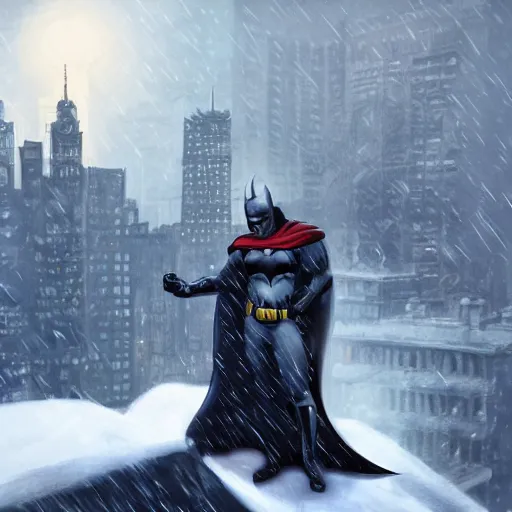 Prompt: batman dressed as santa claus, rooftop of skyscraper, sleigh of presents, snowy night in the big city, 4 k, concept art, artstation, art in a luminist and baroque style