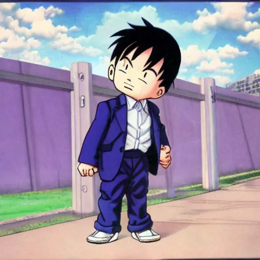 Prompt: pale little boy wearing a purple suit, artwork by toriyama togashi