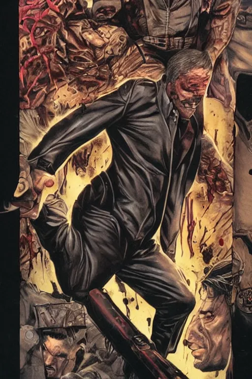 Image similar to ultra violent comic book cover of a contract killer named cobalt. he wear a brown leather jacket and a white shirt. he has a prominent scar up the side of his face. art by glenn fabry.