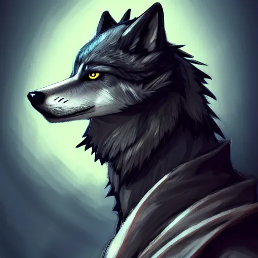 Image similar to an anthropomorphic wolf in a black doublet looking out over the hills, artstation hq, stylized, sharp focus, concept art, furaffinity fursona, furry, anthropomorphic, digital art by ayami kojima