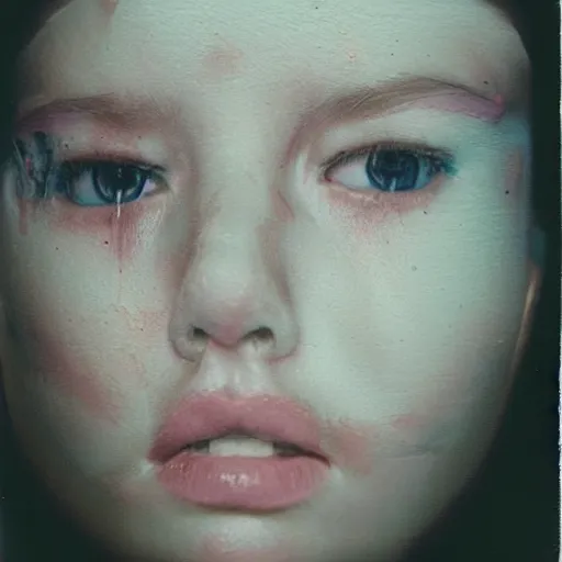 Prompt: a liquid porcelain portrait of a girl face melt down, realistic detailed photography polaroid