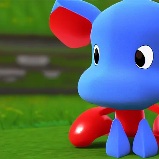 Image similar to a small blue animal sitting on top of a lush green field, a screenshot by ken sugimori, tumblr, toyism, ps 1 graphics, physically based rendering