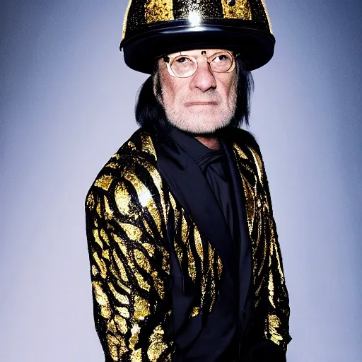 Prompt: Udo Lindenberg in year 3000, he is wearing a surreal Avant-garde helmet, dramatic lighting,photography , official Versace editorial , highly detailed