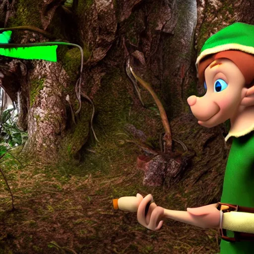 Image similar to 3d render of an elf smoking pipe weed in a dense forest. Unreal engine, nvidia, extremely detailed, sharp