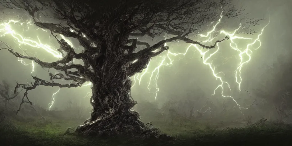 Image similar to the lightning tree, overexposure, electricity, night, unreal engine, digital art, 8 k, oil painting, fantasy art, illustration, detailed and intricate environment