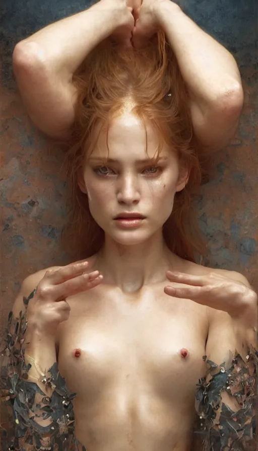 Image similar to epic masterpiece femme fatale, sweaty skin, hyperrealistic, octane render, cinematic, beautiful face and flawless skin, perfect hands, 5 fingers, by Edgar Maxence and Ross Tran and Michael Whelan, Legends of Runeterra