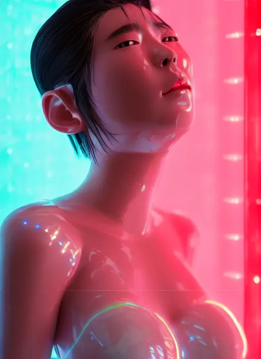 Image similar to japanese female humanoid with freckled cheeks, cyber neon lighting, retro futurism, intricate futuristic led lit jewelry, retro futuristic glossy white latex swimwear, profile posing, hyper photorealistic, crispy quality, digital photography, trending in artstation, trending in pinterest, cinematic, 4 k ultra hd, art by pascal blanche, art by greg rutkowski,