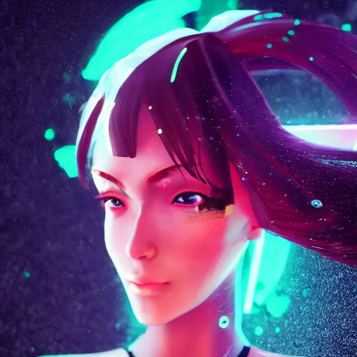 Image similar to anime woman portrait made out of rain, beautiful, stylish suit, cyberpunk background, neon, rendered in octane, unreal engine, matte painting, sharp focus, trending on artstation, futuristic, space, realistic