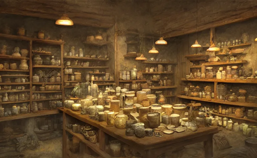 Prompt: an herbalist shop a wood counter and cabinets in the center, simple adobe wall,, simple wood shelves, lots of jars and boxes of herbs, torch lit warm dark fantasy matte painting in the style of ruan jia and craig mullins