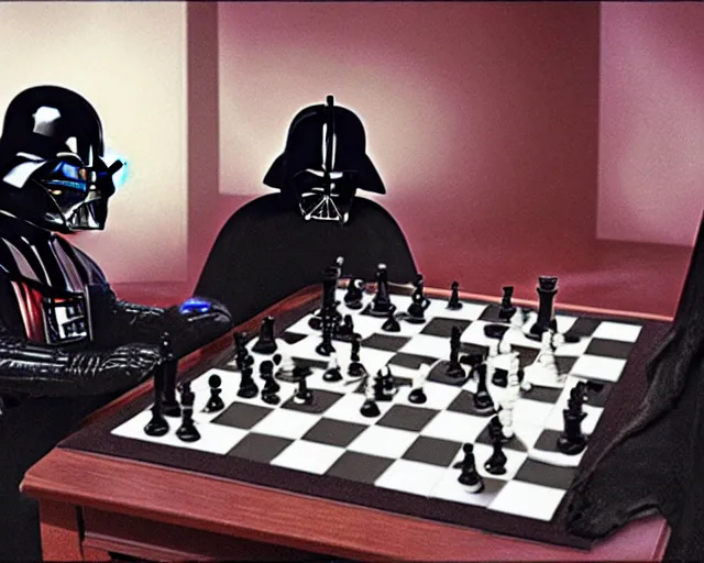 Image similar to darth vader playing chess with a witch