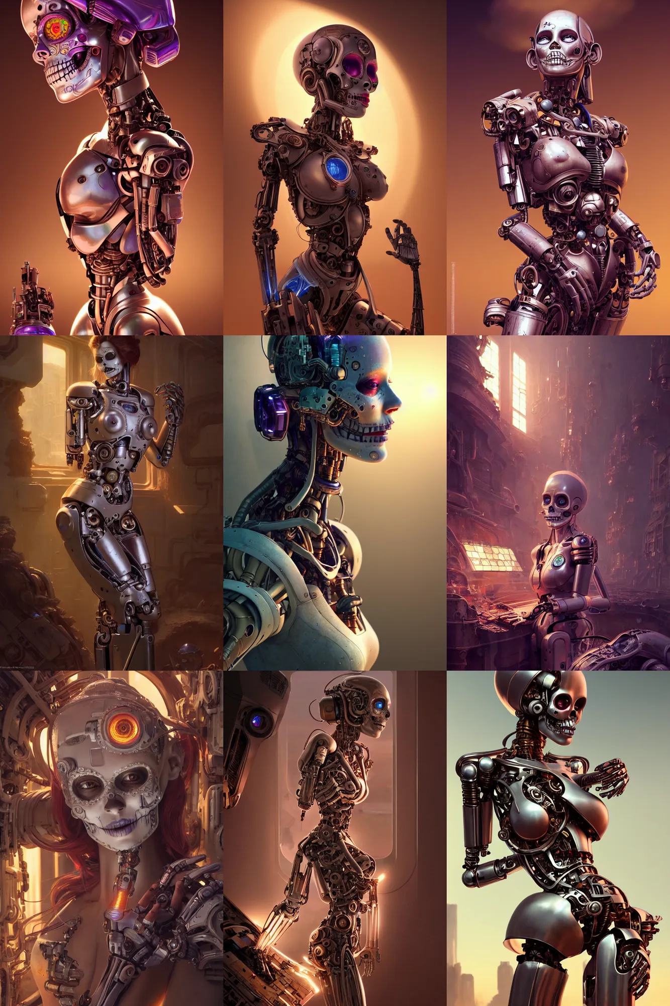 Prompt: broken beautiful female mechanical android!, intricate detailed environment, global illumination, photorealistic!, octane render, digital illustration, concept art, cinematic lighting, art, very coherent, cinematic, cgsociety, hyper realism, dia de los muertos, 8 k. by artgerm and moebius and da vinci and rossdraws and greg rutkowski and alphonse mucha