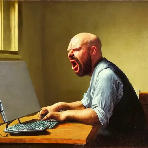 Image similar to an angry man yells at his computer monitor, oil on canvas, 1 8 8 3, highly detailed, high resolution