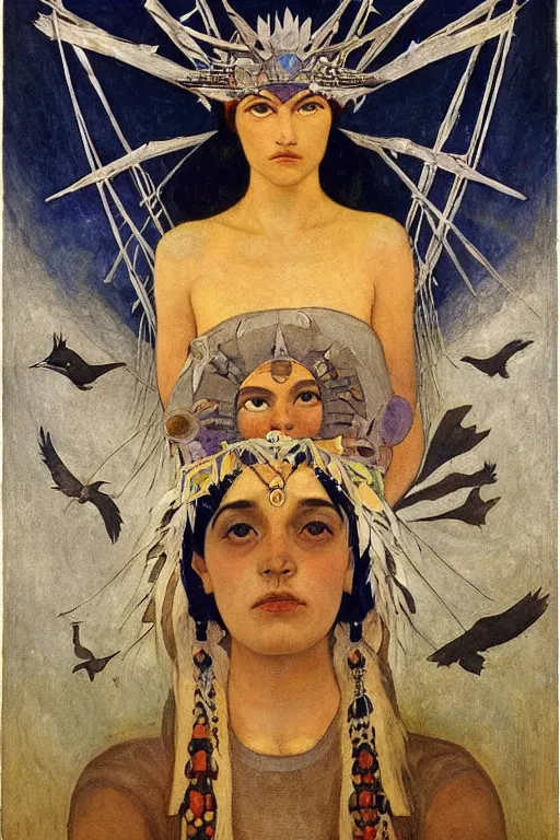 Image similar to punk queen of the crows with stars in her hair by Nicholas Roerich and Annie Swynnerton and Diego Rivera and jean delville and Carl Larsson, dramatic cinematic lighting , silver jewelry, ornate headdress, sacred artifacts, lost civilizations, smooth, sharp focus, extremely detailed