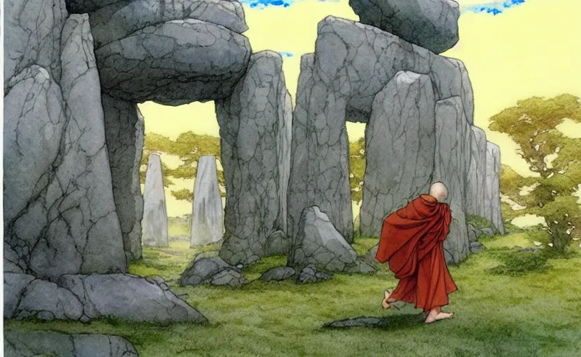 Image similar to a realistic anime watercolor fantasy concept art of a giant monk with a big forehead and a grey robe waving in stonehenge. an immense stone is floating in the air. by rebecca guay, michael kaluta, charles vess