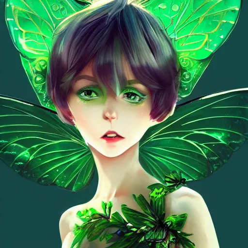 Prompt: pixie fairy character with bionic green butterfly wings, elegant, highly detailed, digital painting, artstation, concept art, sharp focus, illustration, strong brush stroke, anime, sharp focus, ghibli studio, art by ilya kuvshinov, rossdraws