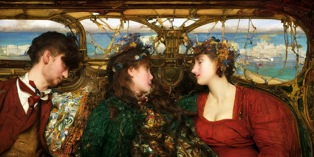 Image similar to detailed colourful masterpiece of photography couple portrait sat down extreme closeup, inside an underwater train, wearing unusual clothes, by william powell frith and ford maddox brown and frederic leighton and john william waterhouse