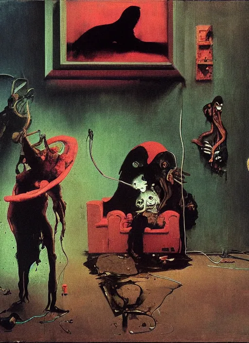 Image similar to two dark figures laughing and a black dog inside a decayed contemporary living room with large oxygen tank in the style of Francis Bacon and Zdzislaw Beksinski, Edward Hopper and Norman Rockwell, highly detailed, very coherent, triadic color scheme