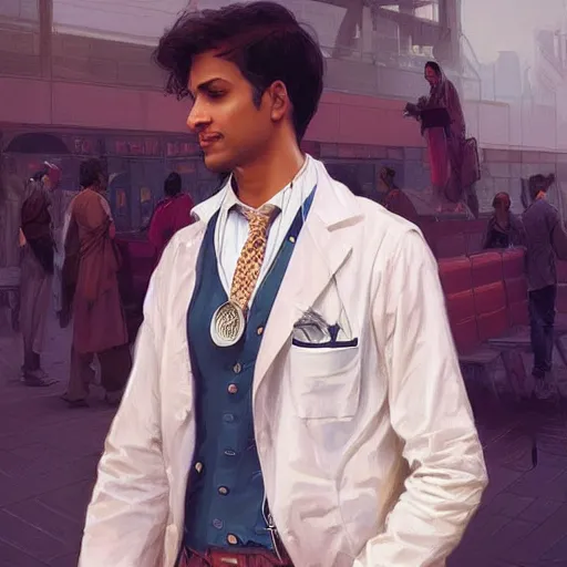 Image similar to Anxious good looking pale young Indian doctors wearing American clothes at the airport, portrait, elegant, intricate, digital painting, artstation, concept art, smooth, sharp focus, illustration, art by artgerm and greg rutkowski and alphonse mucha