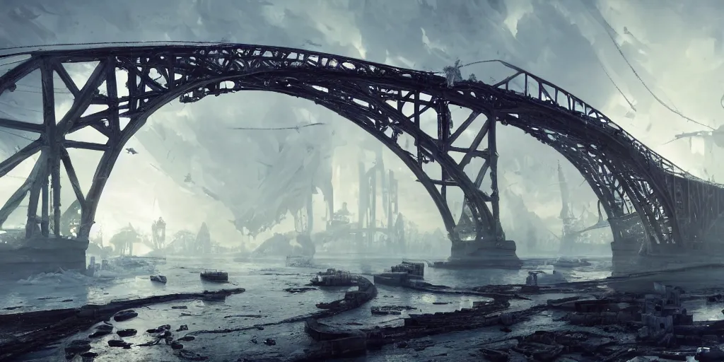 Image similar to huge white cotton everywhere on the destroyed harbour bridge, smooth, sharp focus, highly detailed, 3 d octane render, epic lighting, tragic atmosphere,, lots of white cotton, 8 k, by greg rutkowski