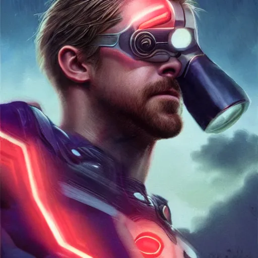Image similar to Ryan Gosling as Marvel's Cyclops, X-Men, ultra realistic, concept art, intricate details, eerie, highly detailed, photorealistic, octane render, 8k, unreal engine. art by Artgerm and Greg Rutkowski