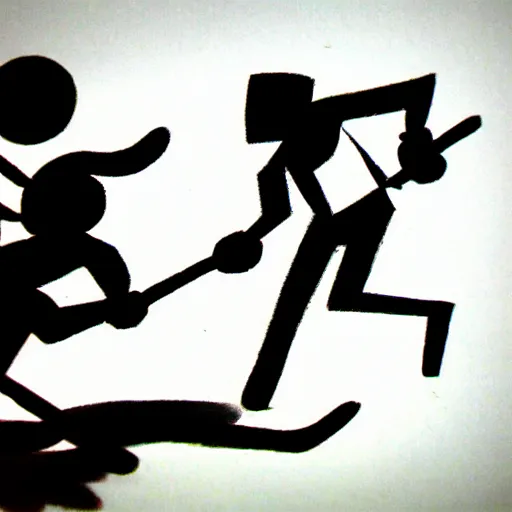 Image similar to pencil drawing of a stickman playing hockey with another stickman, detailed, shadows,