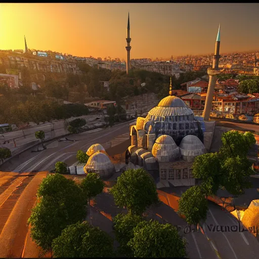 Image similar to highly detailed landscape of istanbul at sunset, unreal engine, global illumination, god rays, detailed and intricate environment