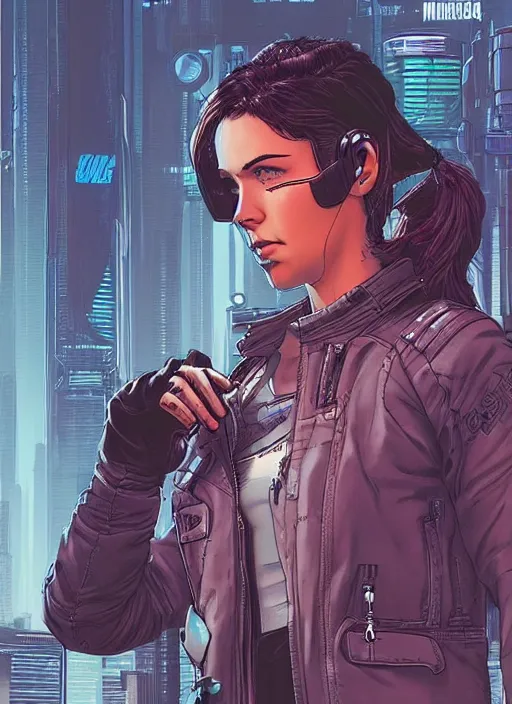 Prompt: Pretty Maria. Beautiful cyberpunk girl. gorgeous face. Realistic Proportions. Concept art by James Gurney and Laurie Greasley. Moody Industrial skyline. ArtstationHQ. Creative character design for cyberpunk 2077.