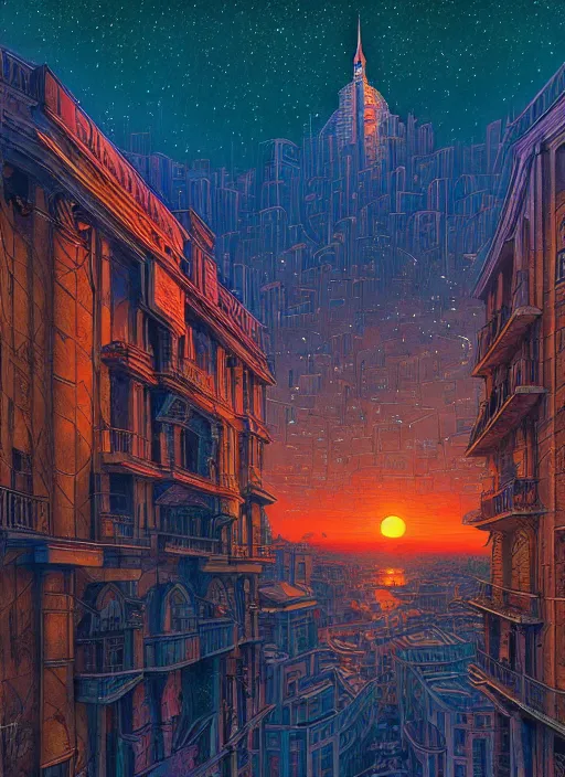 Image similar to ethereal starlit city of dreams at sunset, italian futurism, da vinci, Dan Mumford, Josan Gonzalez