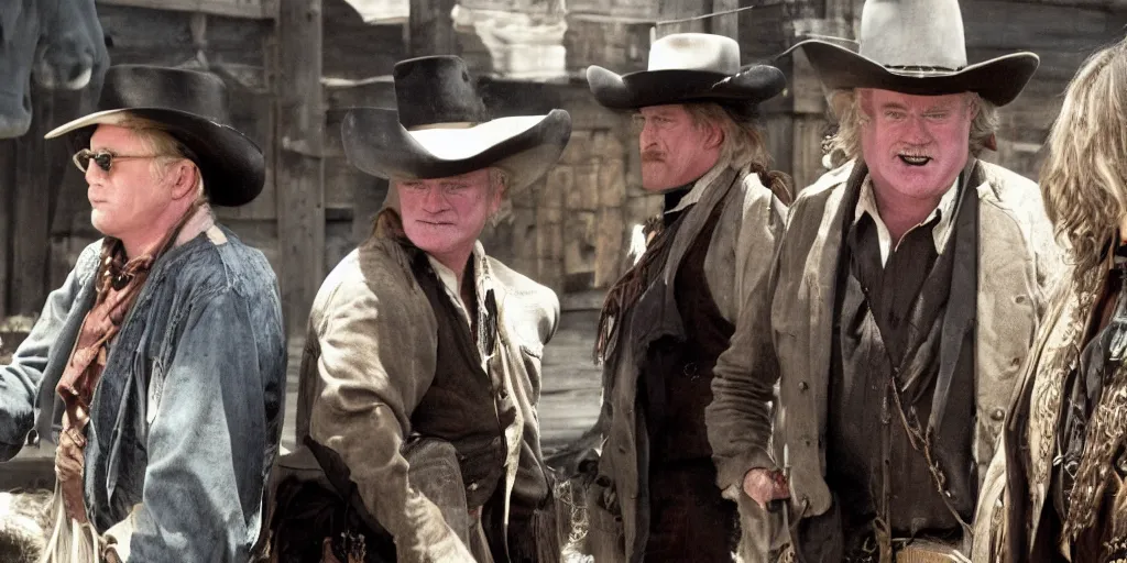 Image similar to busy wild-west-town with Phillip Seymour Hoffmann and two bandits