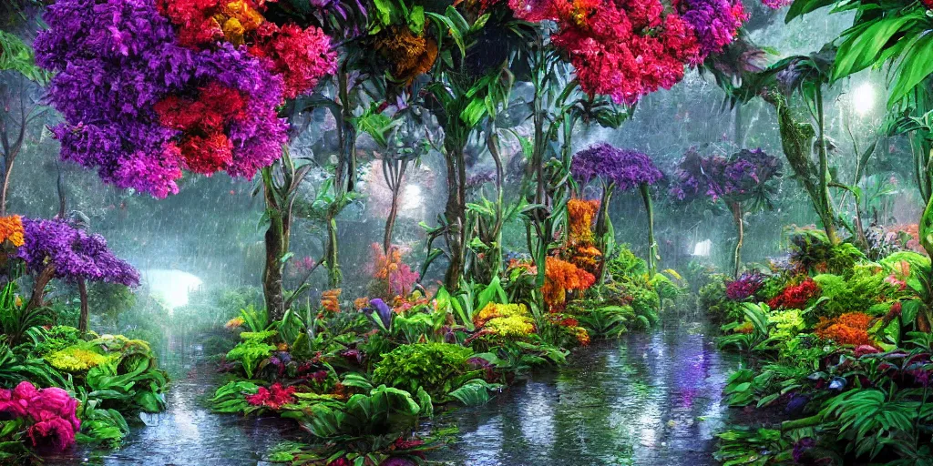 Image similar to An alien jungle, colorful flowers, pathway, reflection, rain, morning light, photorealistic, realistic, high definition, soft light, high definition, detailed, 8k, artstation