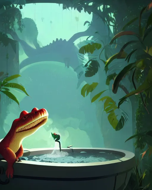 Prompt: a crocodile smoking a pipe while taking a bath in a well with lush vegetation around, cory loftis, james gilleard, atey ghailan, makoto shinkai, goro fujita, character art, rim light, exquisite lighting, clear focus, very coherent, plain background, soft painting