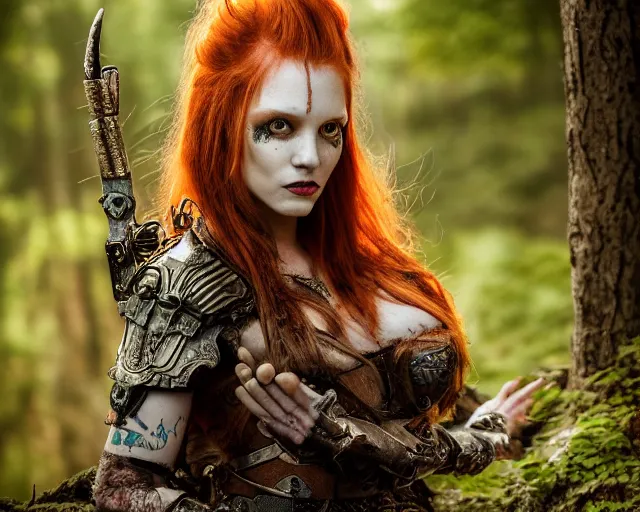 Prompt: 5 5 mm portrait photo of an armored gorgeous anesthetic redhead woman warrior with a face tattoo and lamb horns growing from her head, in a magical forest in the style of stefan kostic, art by luis royo. highly detailed 8 k. intricate. lifelike. soft light. nikon d 8 5 0. cinematic post - processing