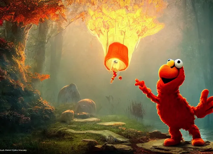 Image similar to elmo eating magic mushroom, golden hour, fantasy, sharp focus, digital art, hyper realistic, 4 k, unreal engine, highly detailed, hd, dramatic lighting by brom, trending on artstation