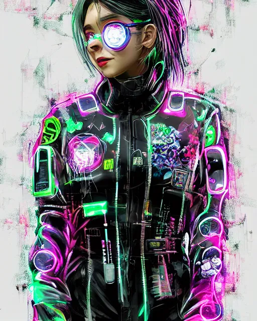 Image similar to detailed portrait Neon Operator Girl, cyberpunk futuristic neon, reflective catsuit, decorated with traditional Japanese ornaments by Ismail inceoglu dragan bibin hans thoma !dream detailed portrait Neon Operator Girl, cyberpunk futuristic neon, reflective puffy coat, decorated with traditional Japanese ornaments by Ismail inceoglu dragan bibin hans thoma greg rutkowski Alexandros Pyromallis Nekro Rene Maritte Illustrated, Perfect face, fine details, realistic shaded, fine-face, pretty face