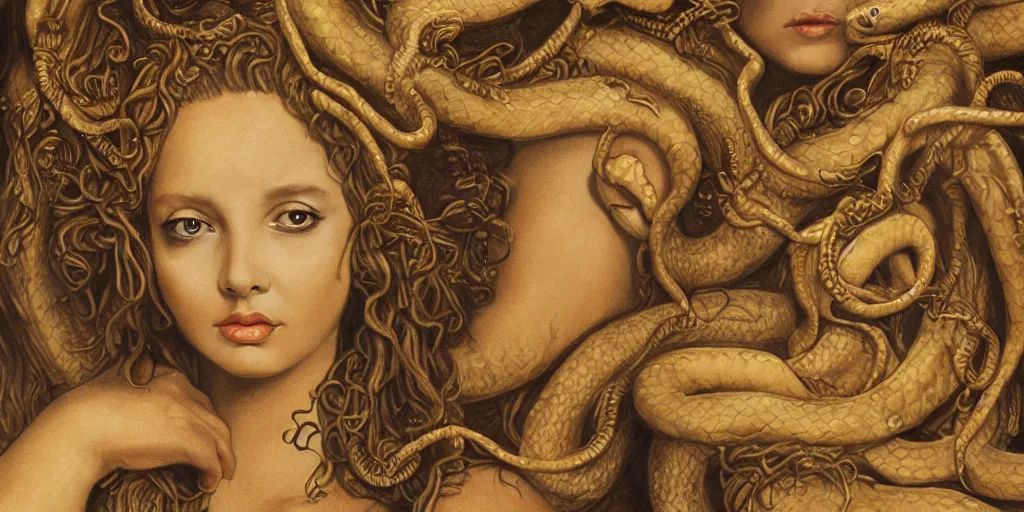 Image similar to realistic portrait of beautiful medusa with her snakes, golden, delicate, facing camera, hyper realism, 1 4 5 0, ink, ultra realistic, 8 k