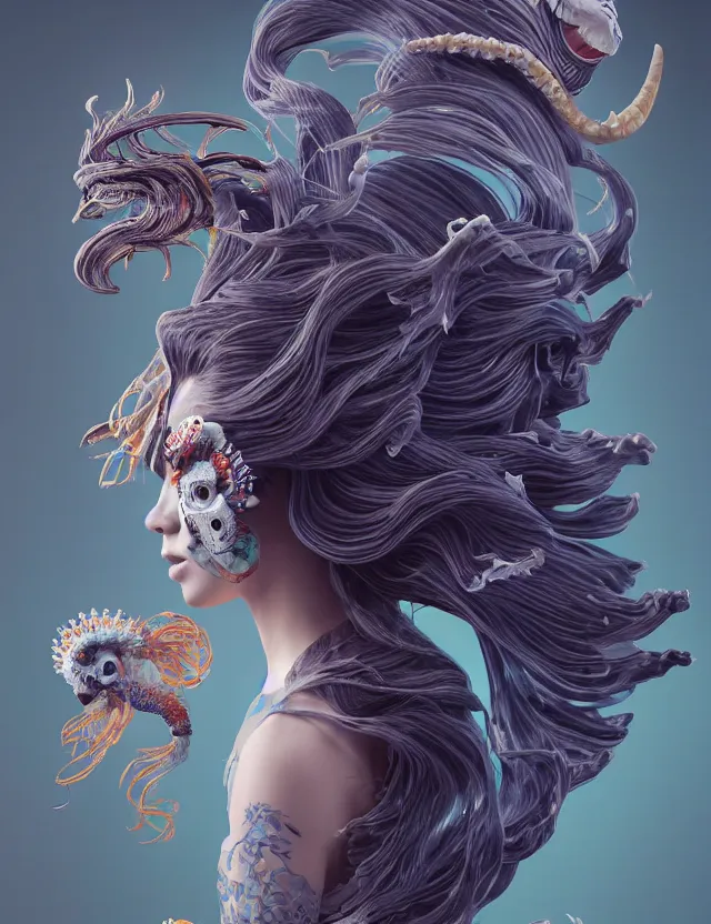 Image similar to 3 d slvic goddess half - turn portrait with long hair with ram skull. beautiful intricately detailed japanese crow kitsune mask and clasical japanese kimono. betta fish, jellyfish phoenix, bio luminescent, plasma, ice, water, wind, creature, artwork by tooth wu and wlop and beeple and greg rutkowski