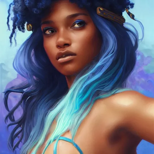 Image similar to a young black girl wearing bikini, blue hair, young simon baker, D&D, fantasy, portrait, highly detailed, digital painting, artstation, concept art, sharp focus, illustration, art by artgerm and greg rutkowski and alphonse mucha, 16k resolution