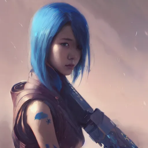 Prompt: Very detailed masterpiece painting of a young female asian cyberpunk warrior with dark blue hair, portrait, artstation, concept art by Greg Rutkowski