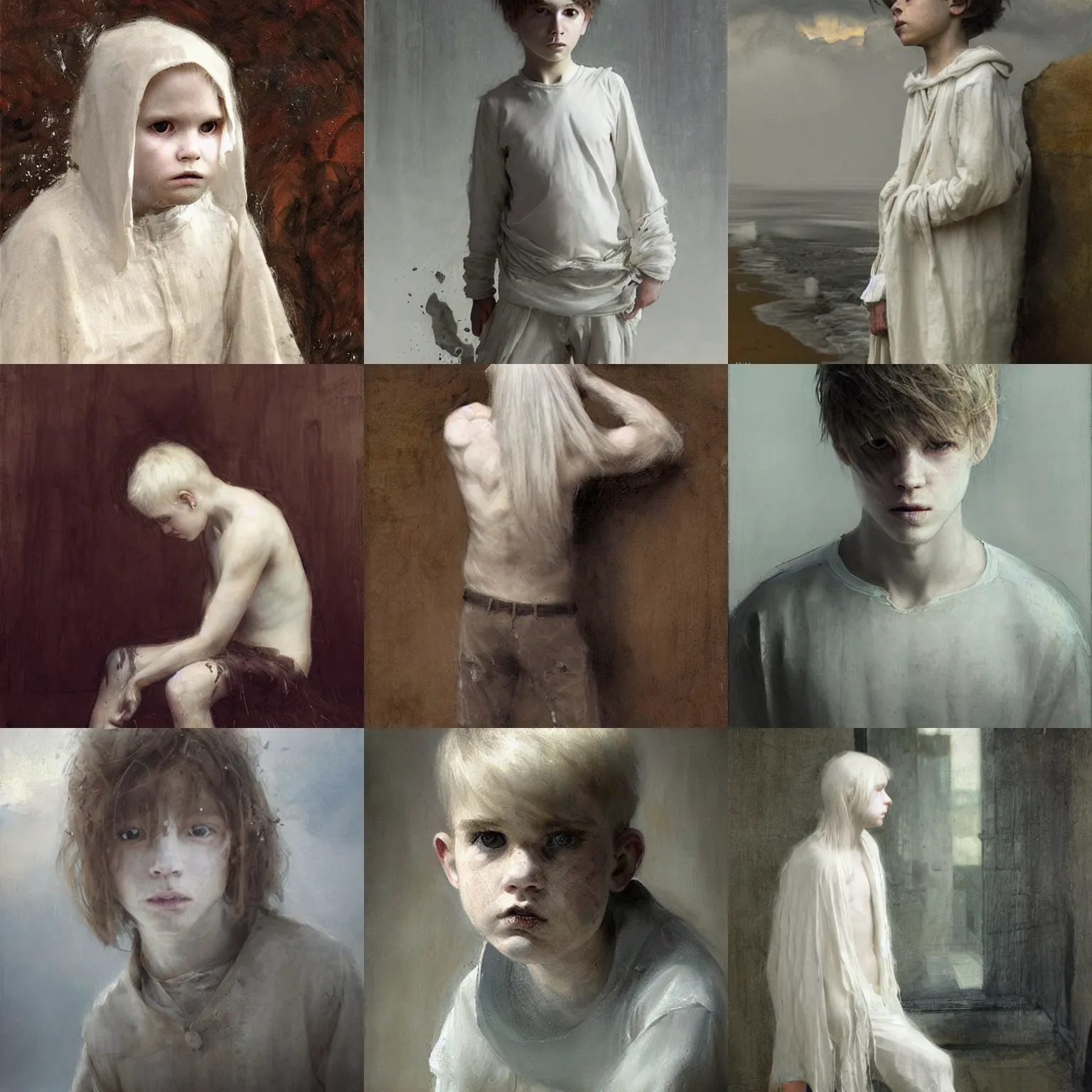 Prompt: a ghost boy with white!!!!!! hair quietly watching the living continue their lives. waterhouse. geoffroy thoorens.