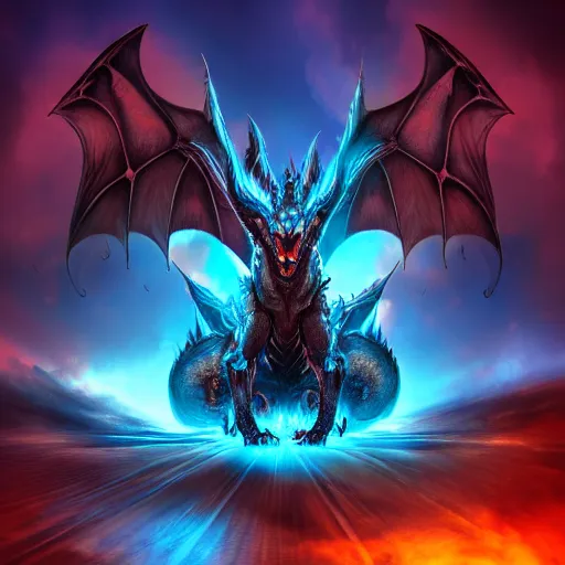 Image similar to a symmetrical dragon slightly covered in blue flames while roaring at the sky, low angle, concept art, cinematic pose, trending on artstation deviantart, 8k UHD, extremely detailed