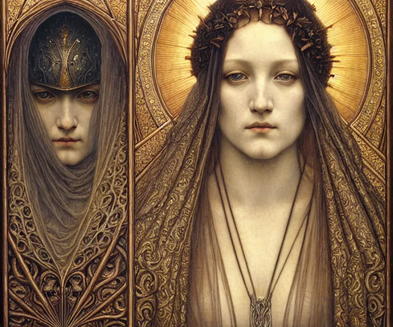 Image similar to detailed realistic beautiful young medieval queen face portrait by jean delville, gustave dore and marco mazzoni, art nouveau, symbolist, visionary, gothic, pre - raphaelite. horizontal symmetry