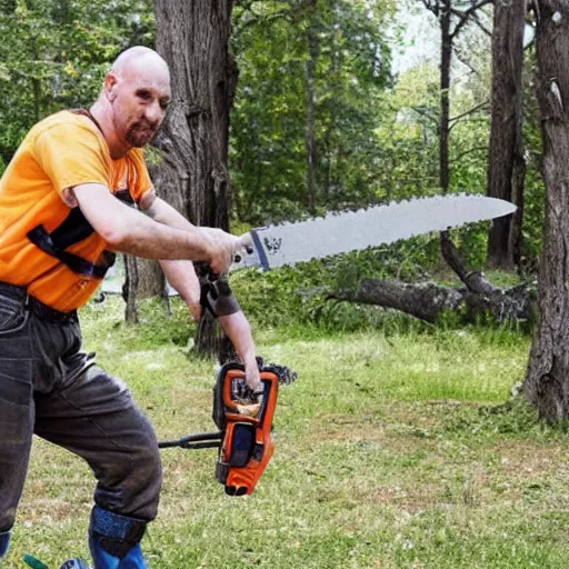 Prompt: man with chainsaws for limbs, chainsaw sticking out of his forehead