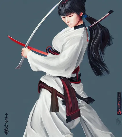 Prompt: a girl holding a katana, samurai outfit, japanese clothes, ponytail, action shot, highly detailed, digital painting, artstation, concept art, smooth, sharp focus, kunoichi, illustration