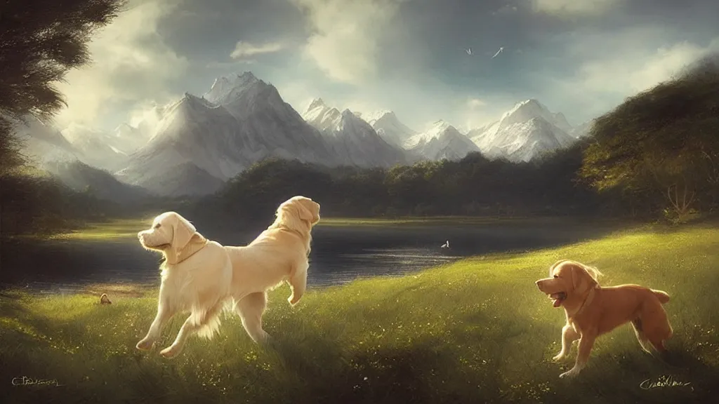 Image similar to “ a asian ballet girl dances with a white golden retriever, besides a small wooden red cottage by the lake, mountains in the background, soft lighting, sunny day, by charlie bowater, by greg rutkowski ”