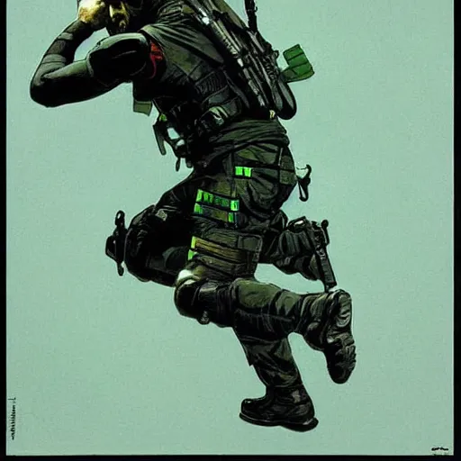 Image similar to Sam Fisher blackops operator choking out a guard. rb6s, MGS, and splinter cell Concept art by James Gurney, Alphonso Mucha. Vivid color scheme.